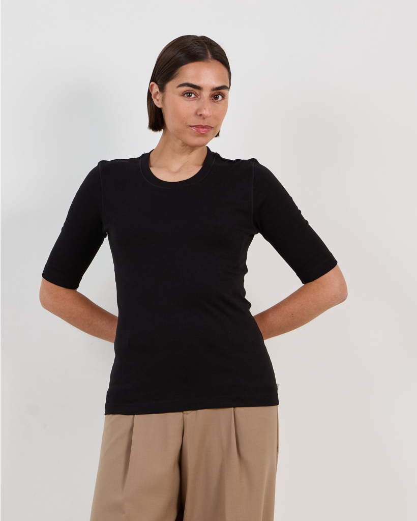 Aansluitend Ribbed Jersey T-Shirt met Stretch Zwart
