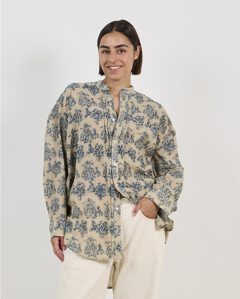 Pleated Blouse met Bloemenprint Ecru/Blauw