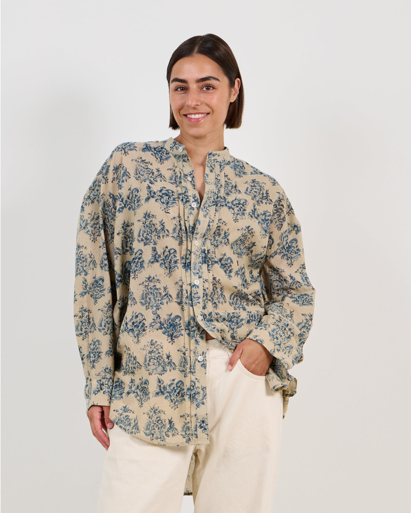 Pleated Blouse met Bloemenprint Ecru/Blauw