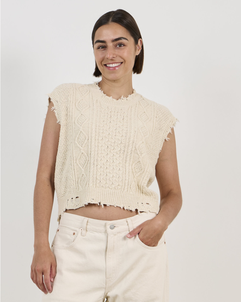 Boyfriend Cable Vest Ecru White Slub