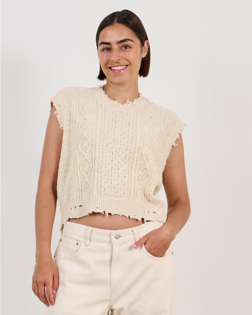 Boyfriend Cable Vest Ecru White Slub
