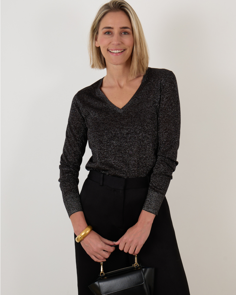 Lurex Knit V Neck Jumper Black