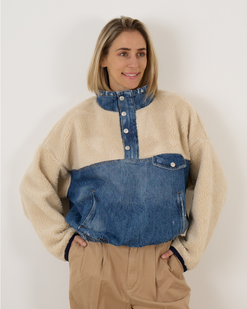 Fleece-Denim Mockneck Pullover