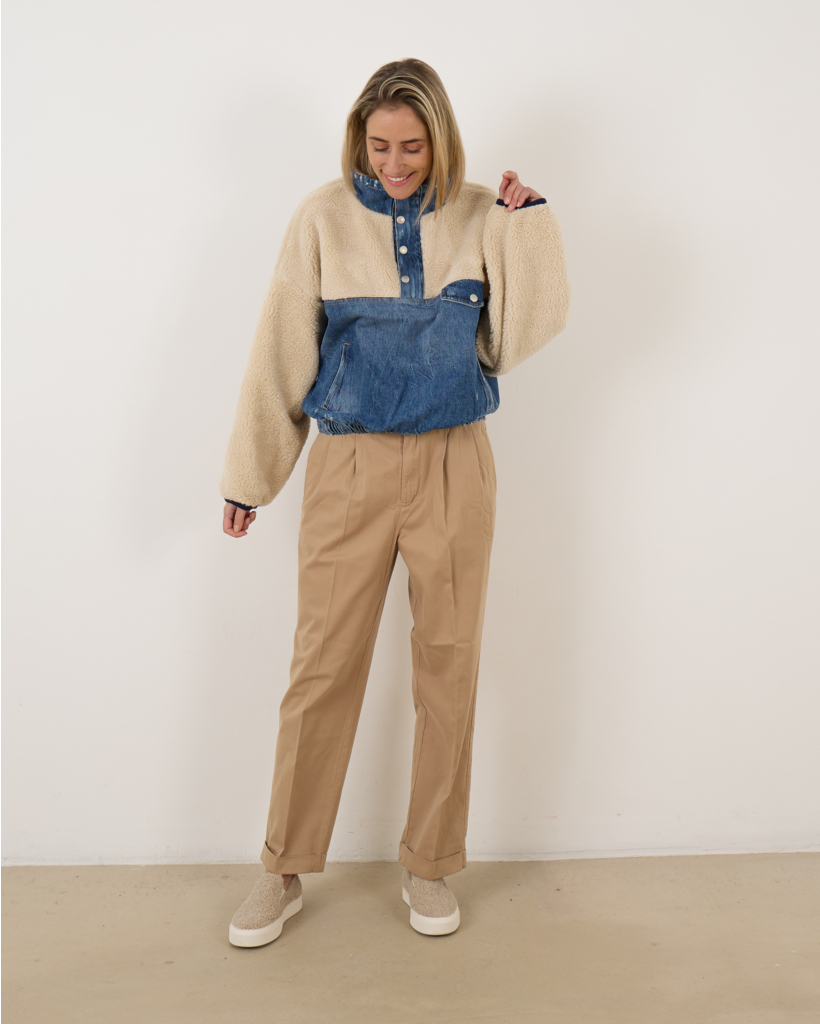 Fleece-Denim Mockneck Pullover