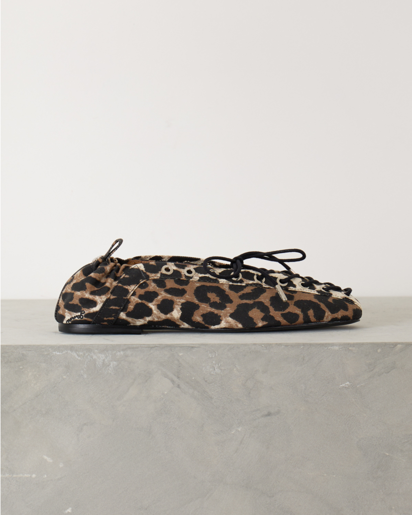 Leopard Printed Denim Lace-Up Ballerinas