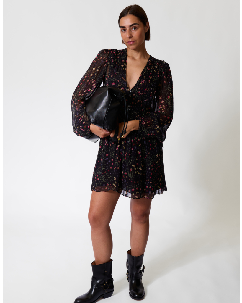 Florel Korte Jurk met Bloemenprint Zwart/Ecru