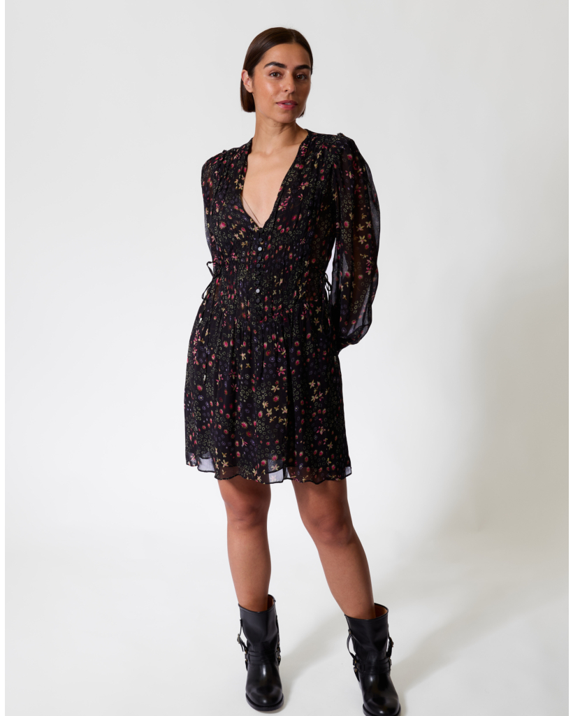 Florel Korte Jurk met Bloemenprint Zwart/Ecru