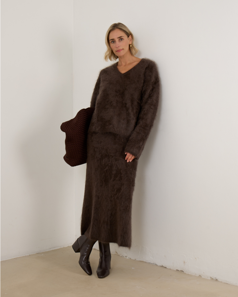 Rok midi wijd wood brushed