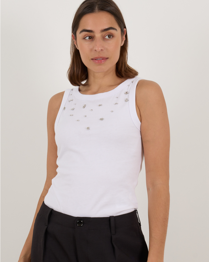 Joline Mouwloze Top met Rhinestones Wit