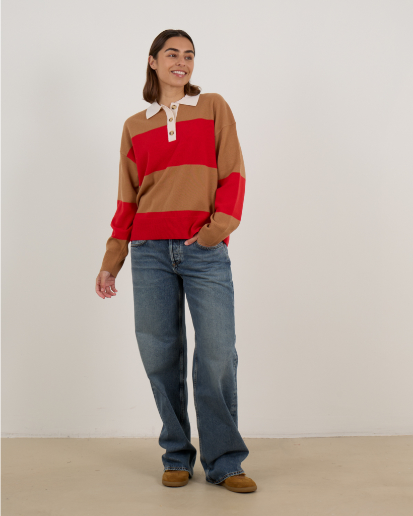 Braxton Wollen Polo Sweater Gestreept Rood Bruin