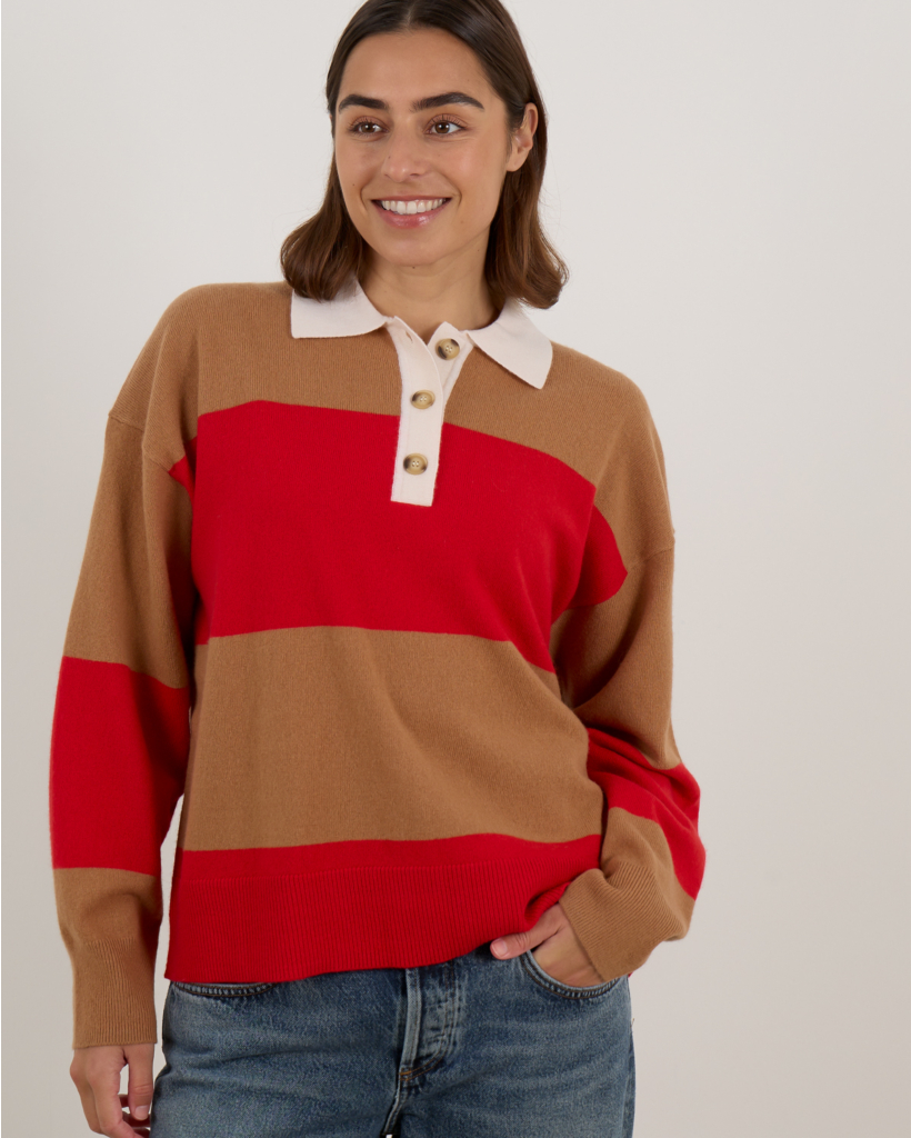 Braxton Wollen Polo Sweater Gestreept Rood Bruin