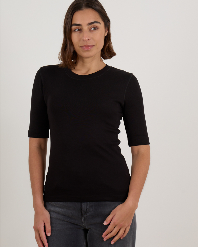 Aansluitend Ribbed Jersey T-Shirt met Stretch Zwart