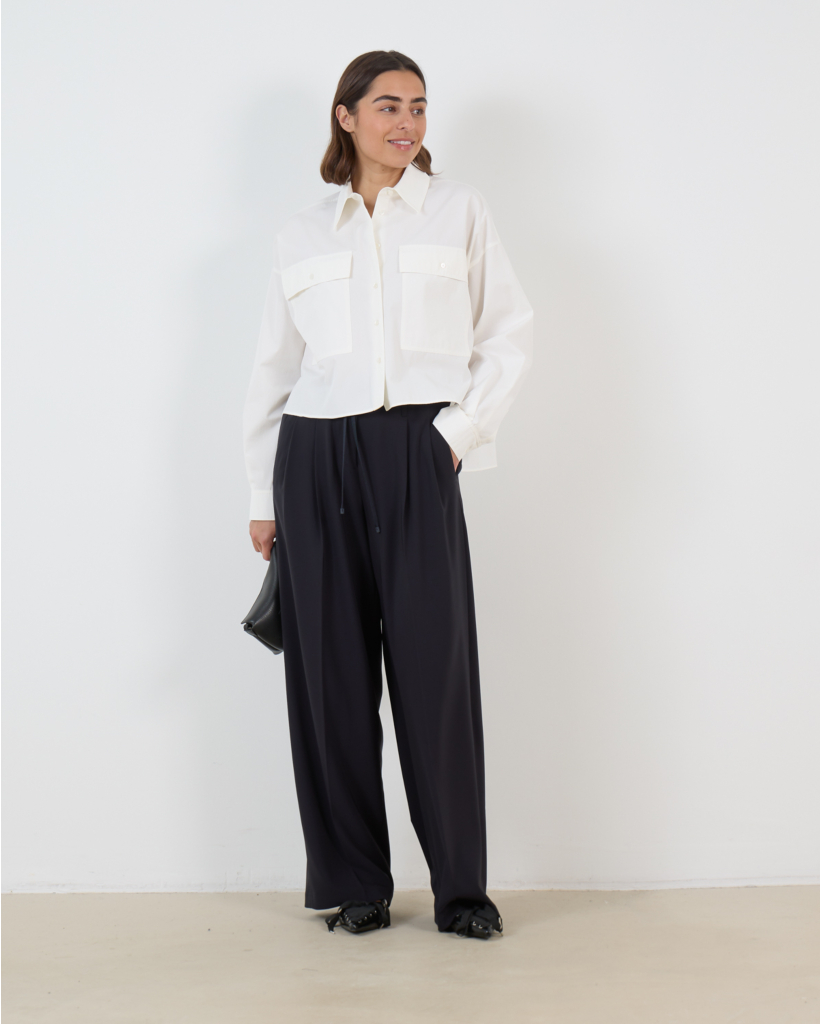 Addison Wide Leg Geplooide Pantalon met Trekkoord Navy
