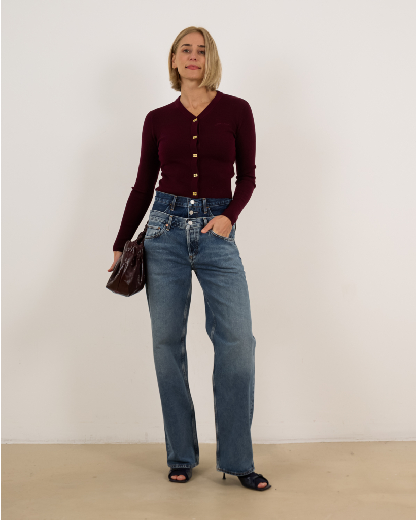 Wollen V-neck Cardigan Geribd Bordeaux