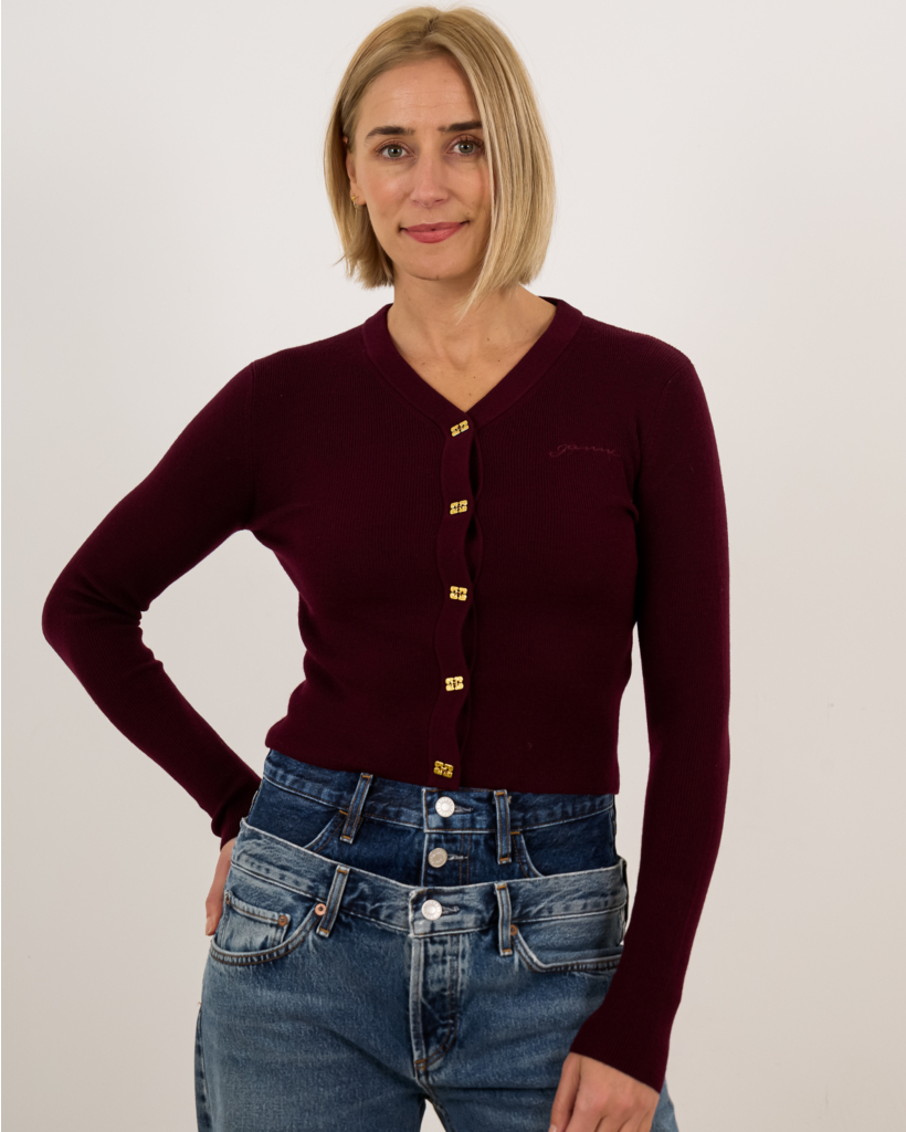 Wollen V-neck Cardigan Geribd Bordeaux