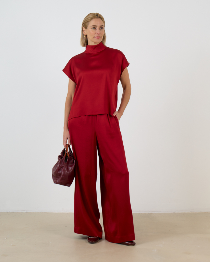 Tweezer Wijde Pantalon in Satijn Rood L34