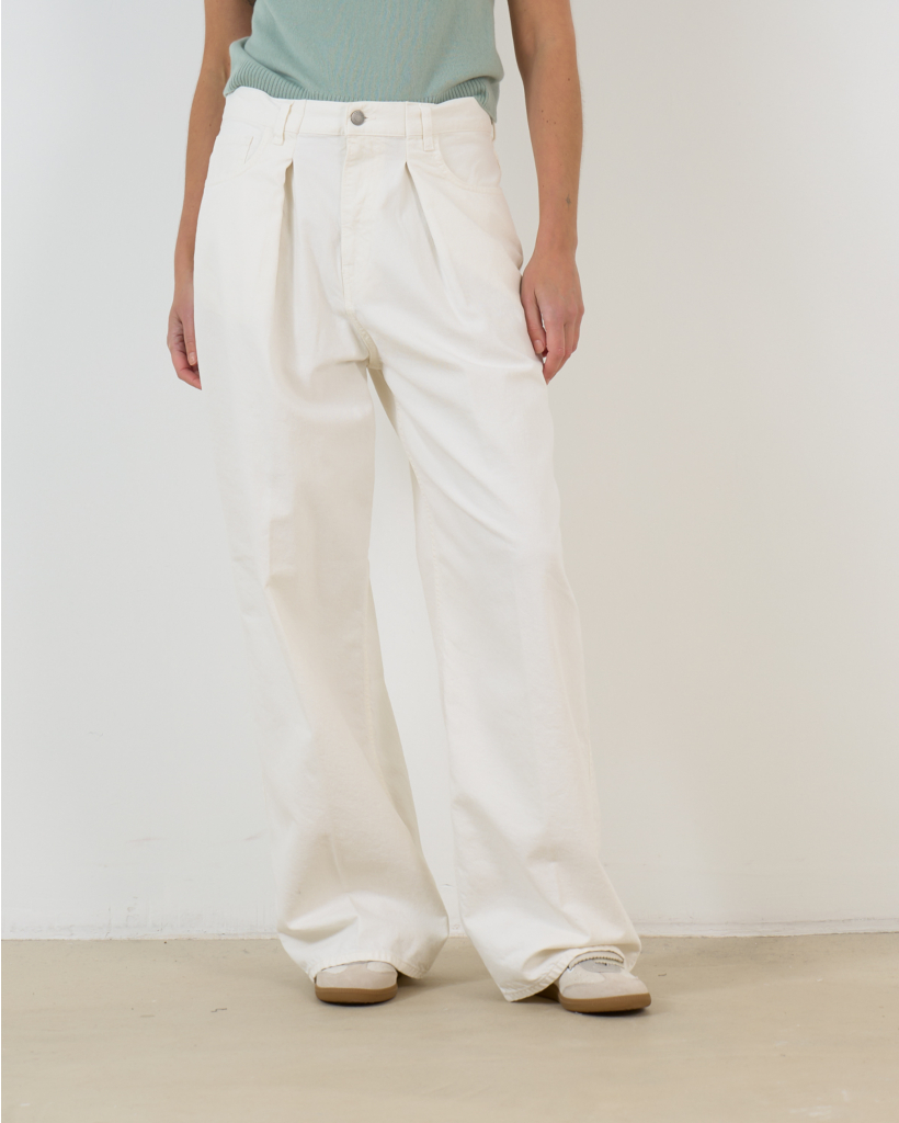 Katoen-Linnen Mix Jeans met Voorplooi Wit