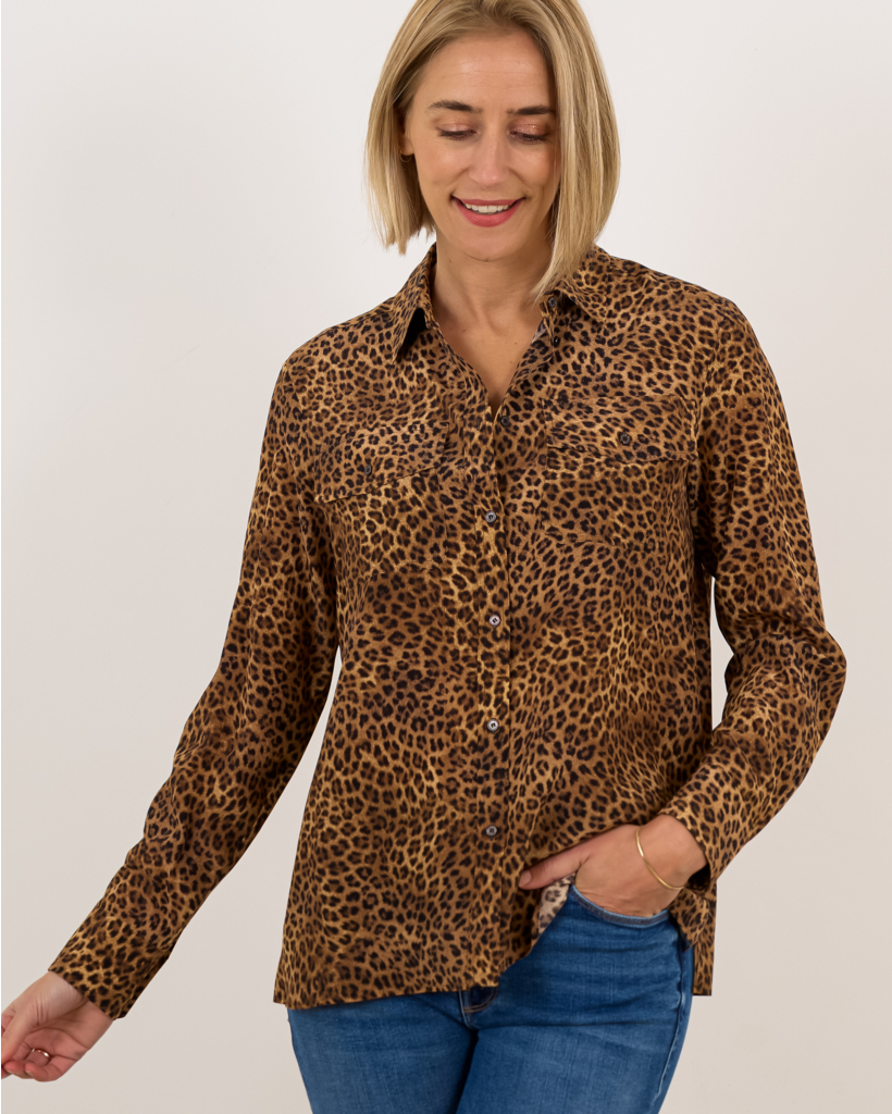 Printed silk pocket shirt Camel