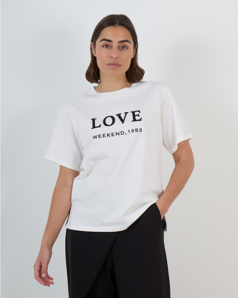 T-shirt van Jersey met Print en Pailletten Wit