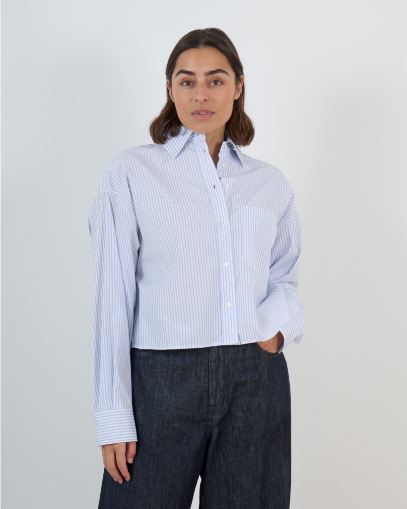 Boxy Geplooide Blouse Gestreept Wit Blauw