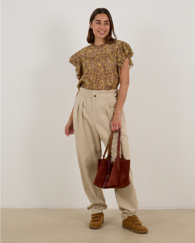 Dalyane Geplooide Katoenen Top met Bloemenprint Kaki