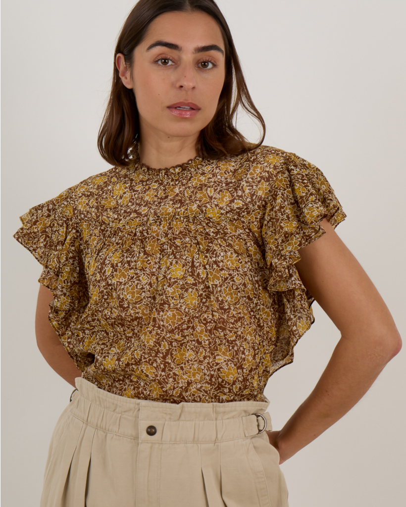 Dalyane Geplooide Katoenen Top met Bloemenprint Kaki