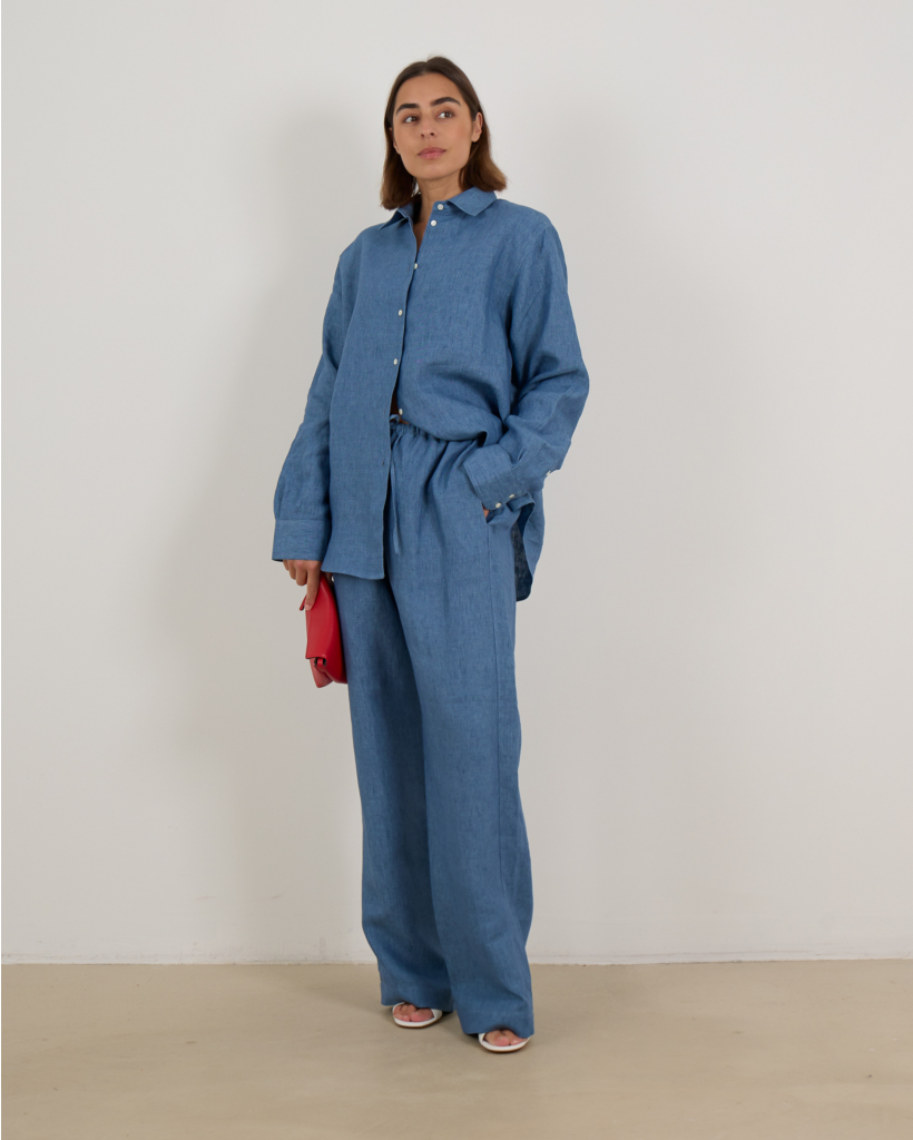 Relaxed Linnen Pantalon met Trekkoord Blauw