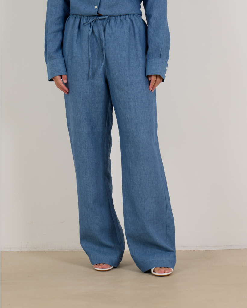 Relaxed Linnen Pantalon met Trekkoord Blauw