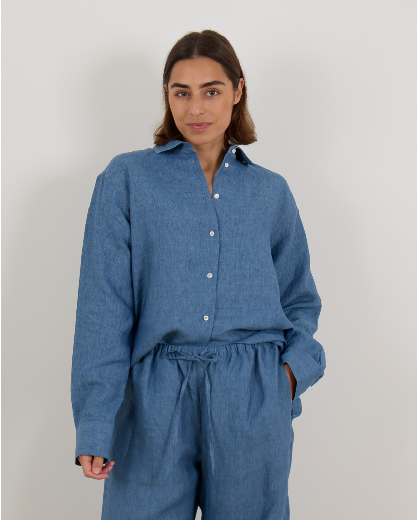 Klassieke Chambray Linnen Blouse Blauw