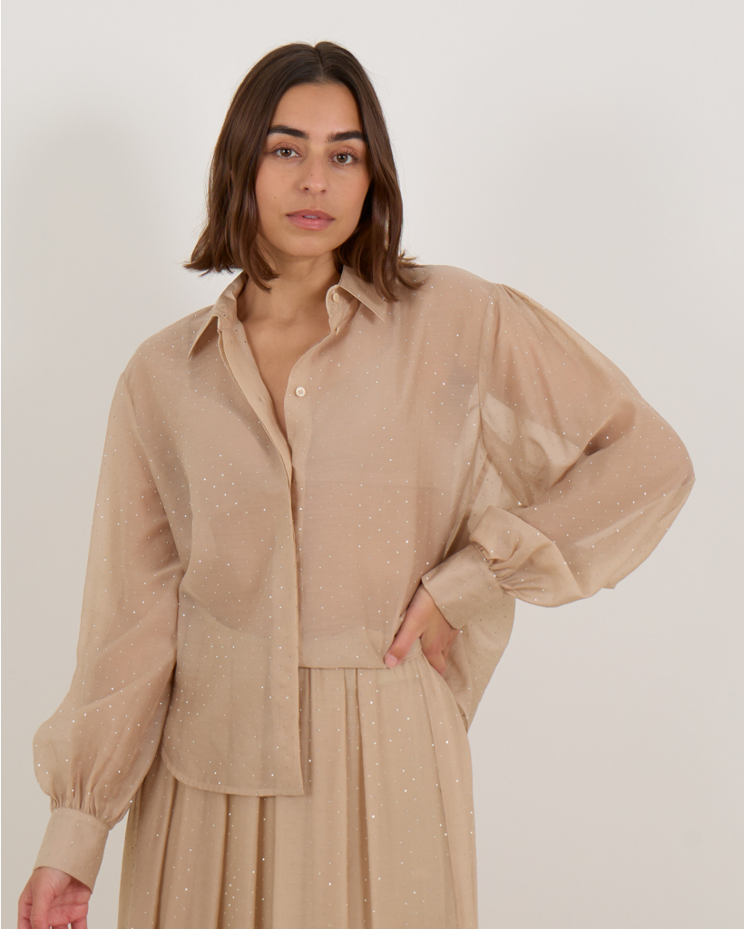 Blouse Doorschijnend Met strassteentjes Beige 