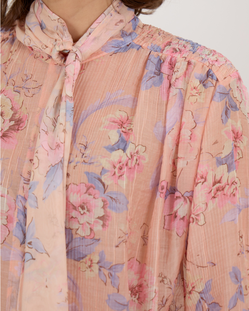 Doorschijnende Roze Blouse Bloemen Print En Strikdetail 