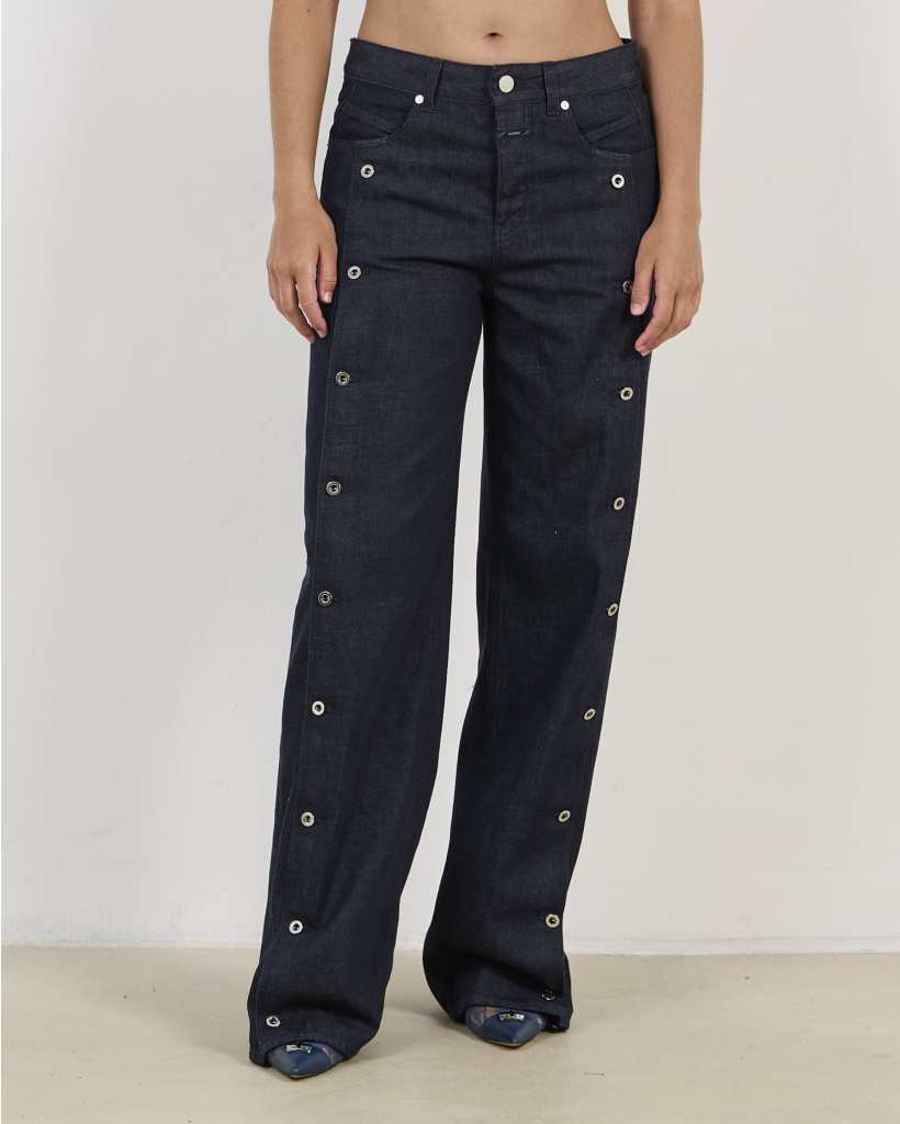 Nikka Wijde Jeans met Zilveren Knoopdetail Donkerblauw
