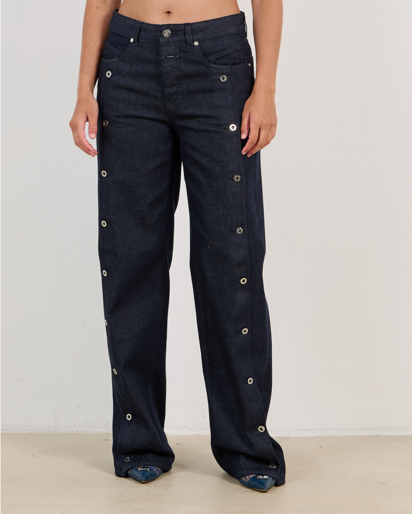 Nikka Wijde Jeans met Zilveren Knoopdetail Donkerblauw