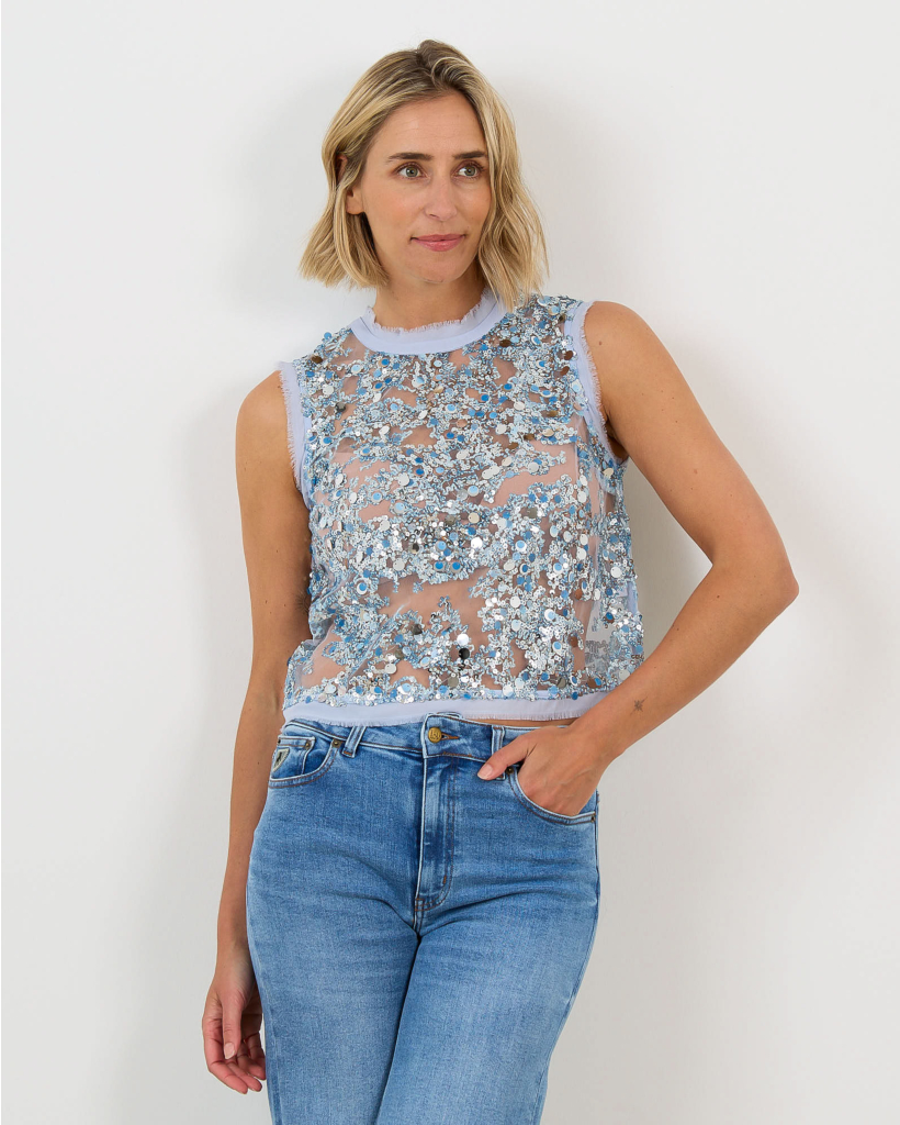Manira Mesh Top met Pailletten Kentucky Blue
