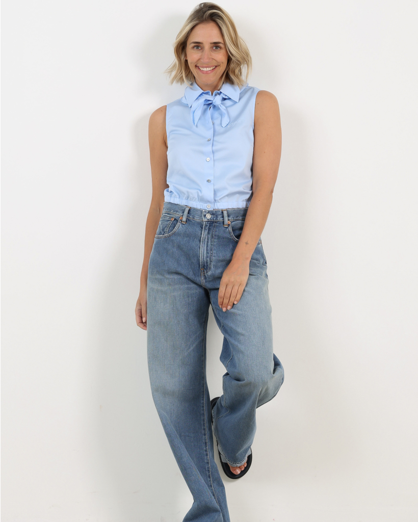 Tiriel Mouwloze Blouse met Sjaal Blauw