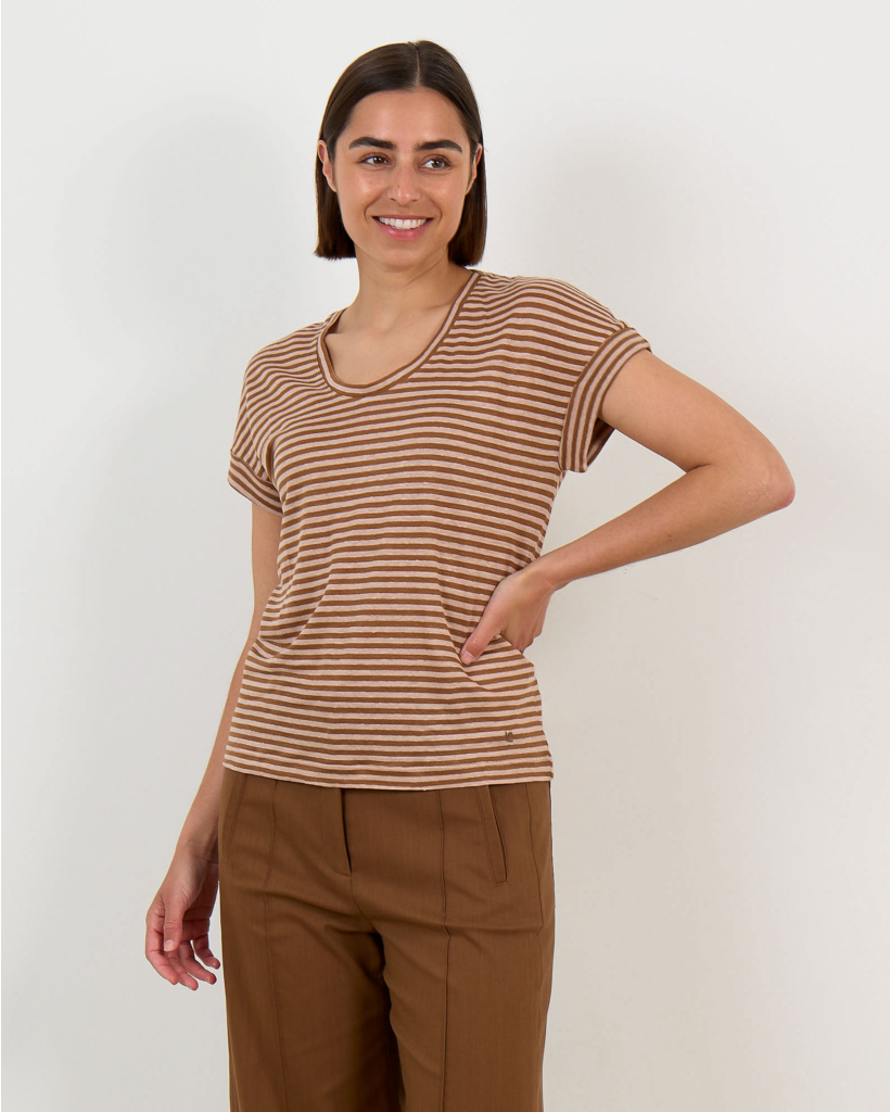 Gestreept Linnen T-shirt met Omgeslagen Mouw Dark Terra