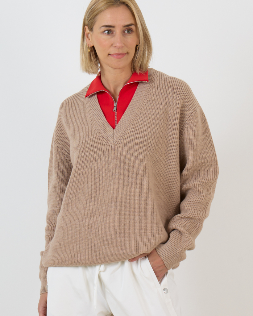 Wollen V-Hals Trui met Afneembare Kraag Beige 