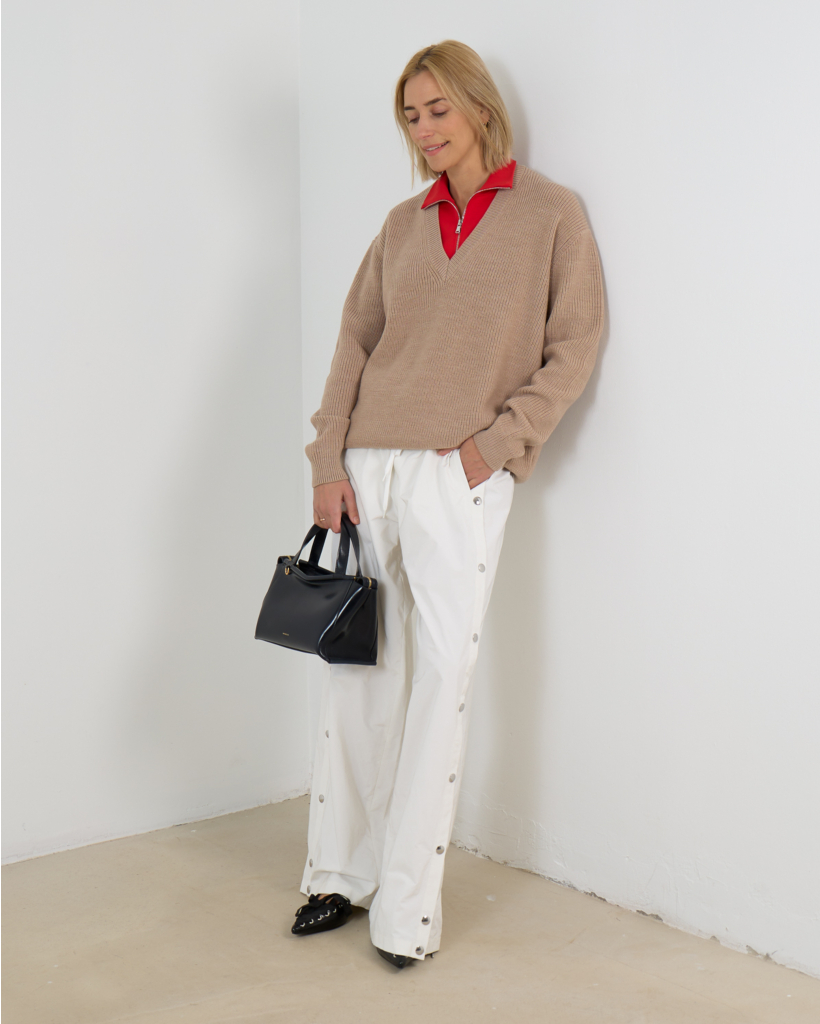 Wollen V-Hals Trui met Afneembare Kraag Beige 