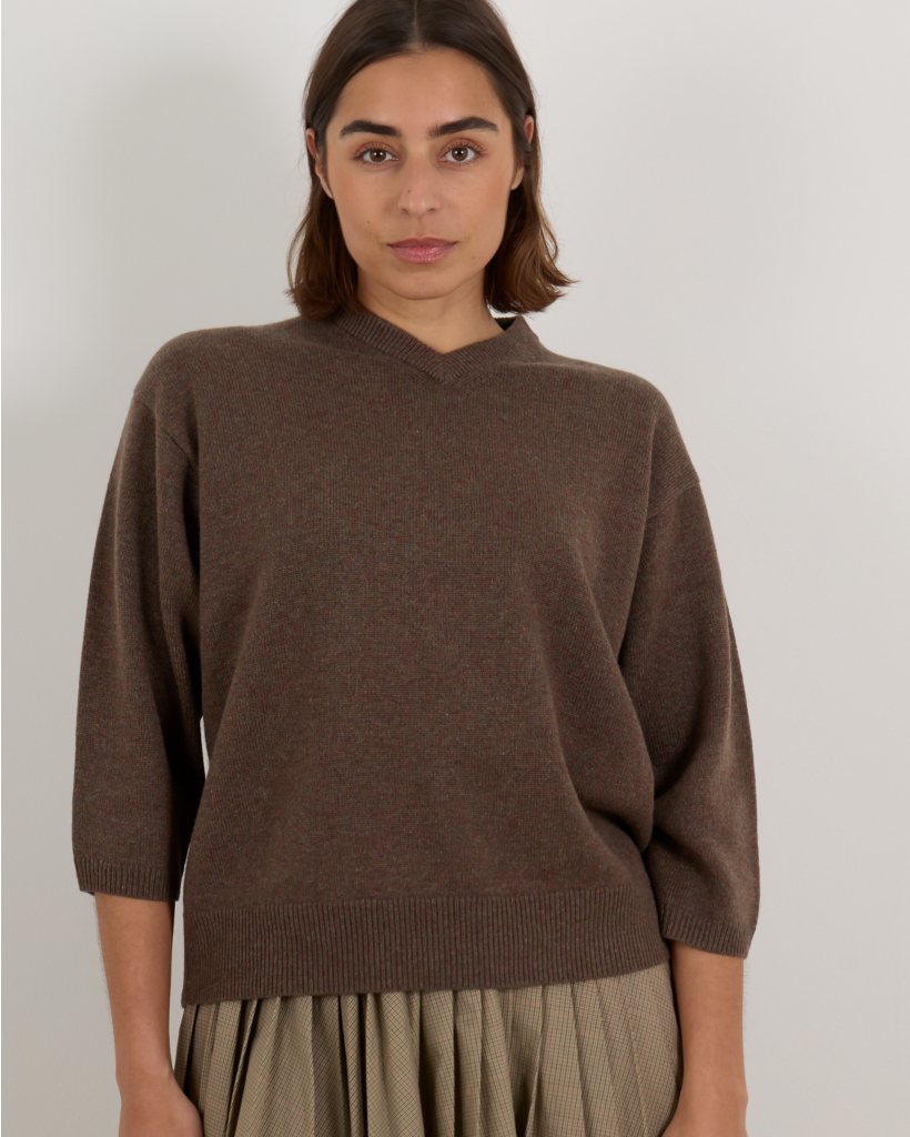 Cashmere Sweater Kortemouw En V-hals Mud