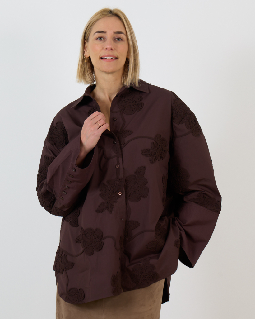 Oversized Blouse met Bloemenpatroon Donker Bruin