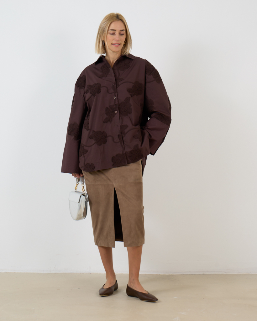 Oversized Blouse met Bloemenpatroon Donker Bruin