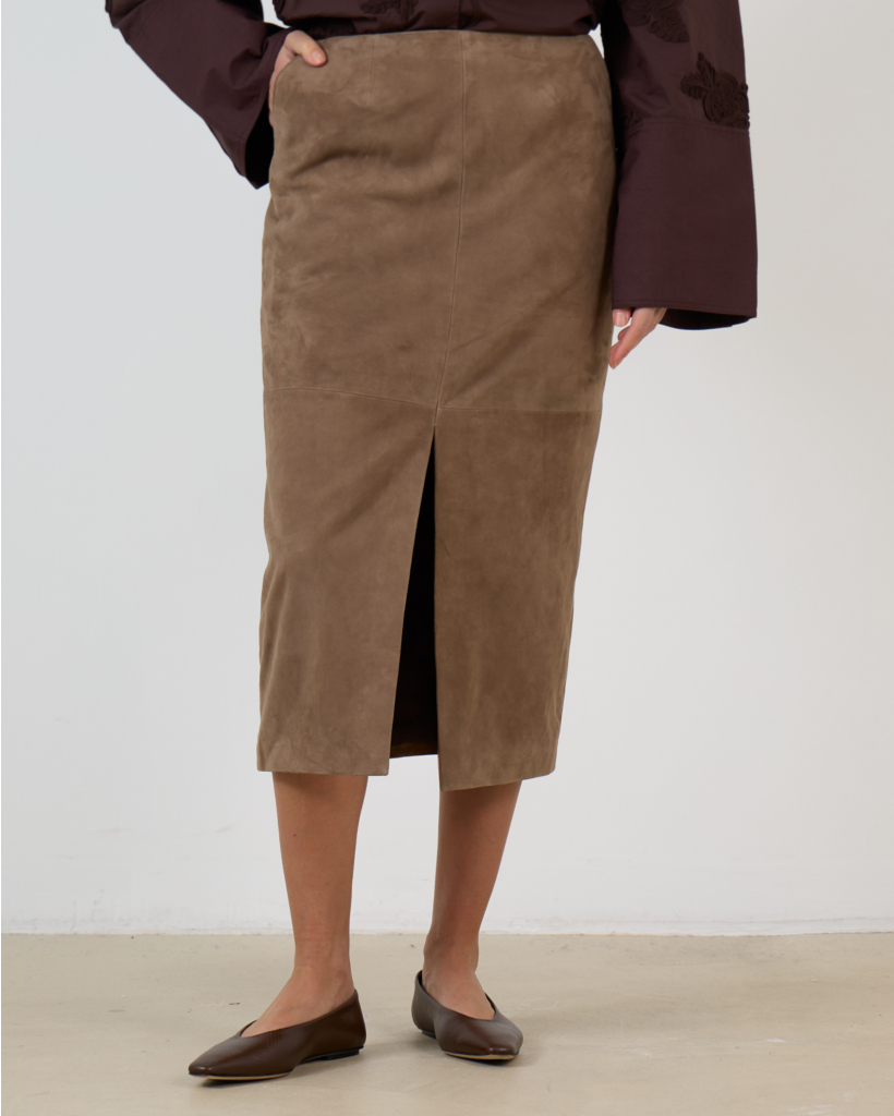 Suede Midi Rechte Pencil Rok Bruin