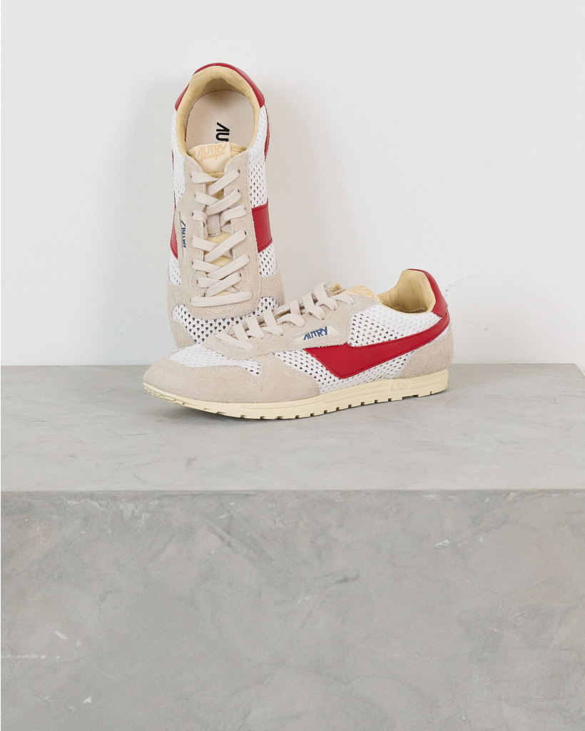 Windspin Sneakers in Wit/Zand en Rood Mesh met Leer