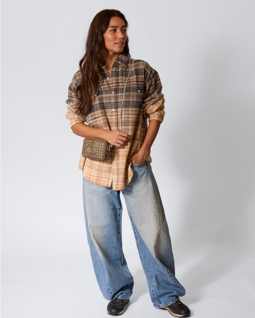 Check Boyfriend Shirt Dip Bleach Blauw/Geel