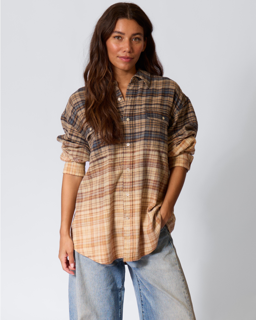 Check Boyfriend Shirt Dip Bleach Blauw/Geel