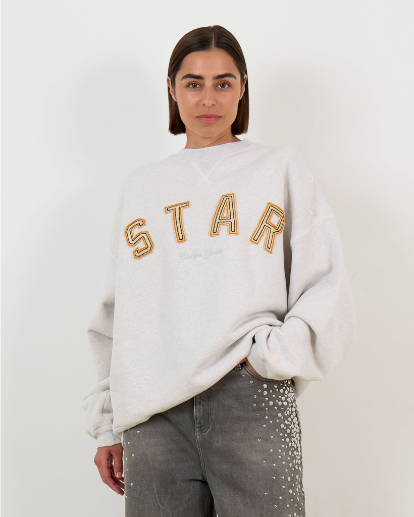 Crewneck Sweater met 'STAR' Borduursel Lichtgrijs/Oranje