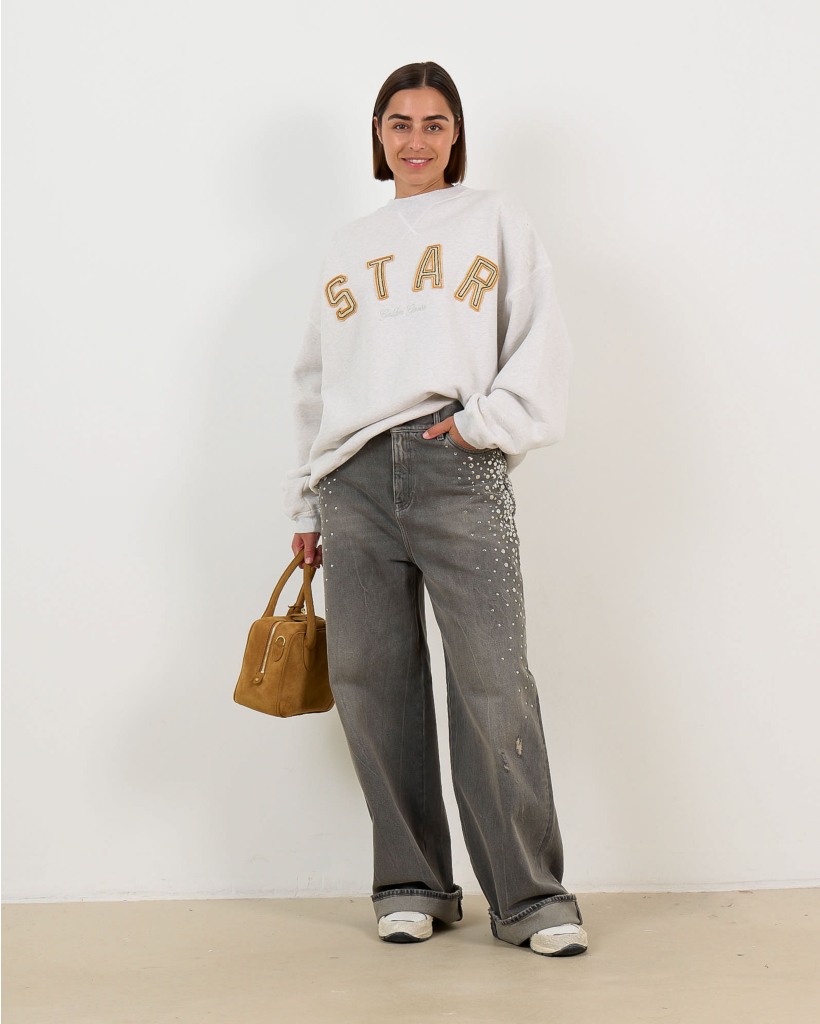 Crewneck Sweater met 'STAR' Borduursel Lichtgrijs/Oranje