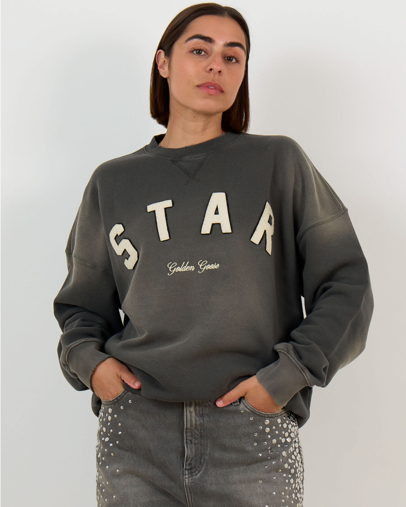 Crewneck Sweater met 'STAR' Borduursel Charcoal/Geel 