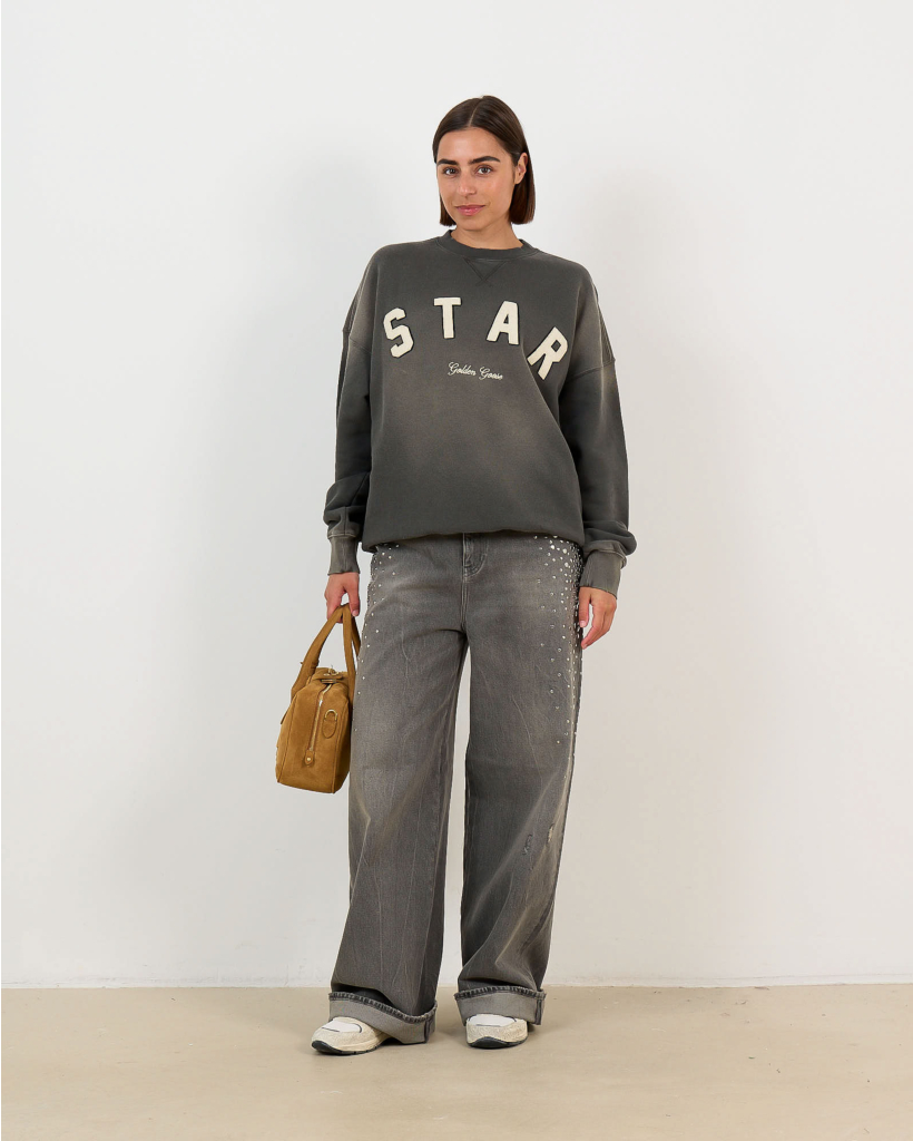 Crewneck Sweater met 'STAR' Borduursel Charcoal/Geel 