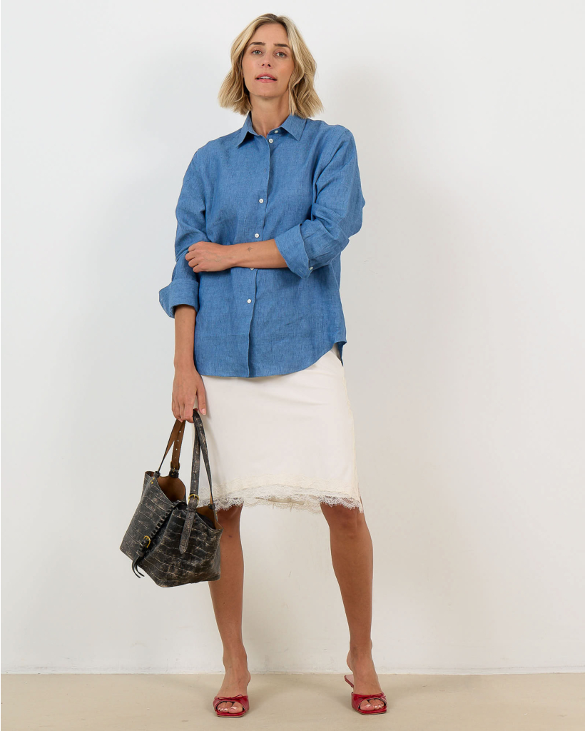 Rechte Satijnmix Midi Rok met Kant Off White